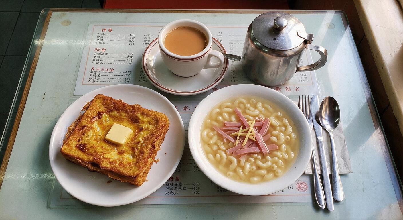 香港茶餐廳常餐擺盤：西多士淋上牛油糖漿、火腿通粉及凍檸茶，柔和日光拍攝