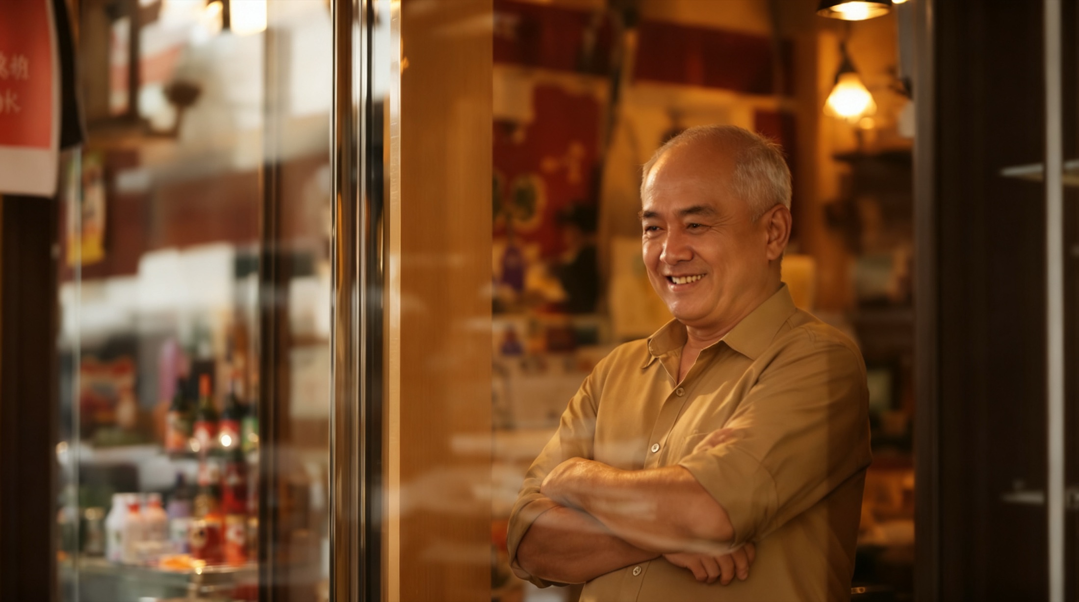 信言保險代理的餐飲業客戶：一位食肆東主抱着手，站在自己店舖的玻璃門前微笑