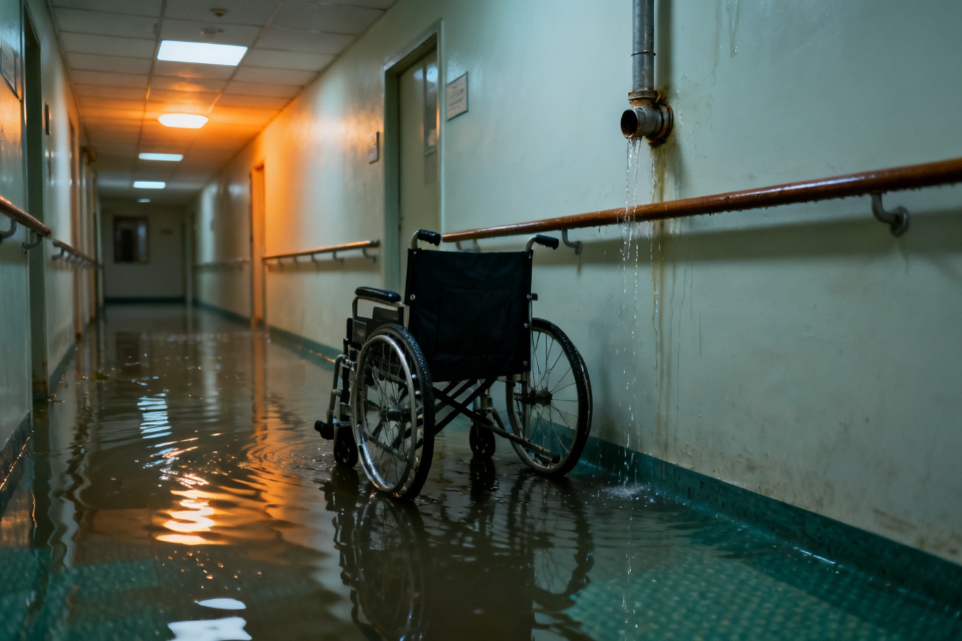 院舍走廊地面浸水，水由牆上爆裂的水管流下，一張輪椅停在水中