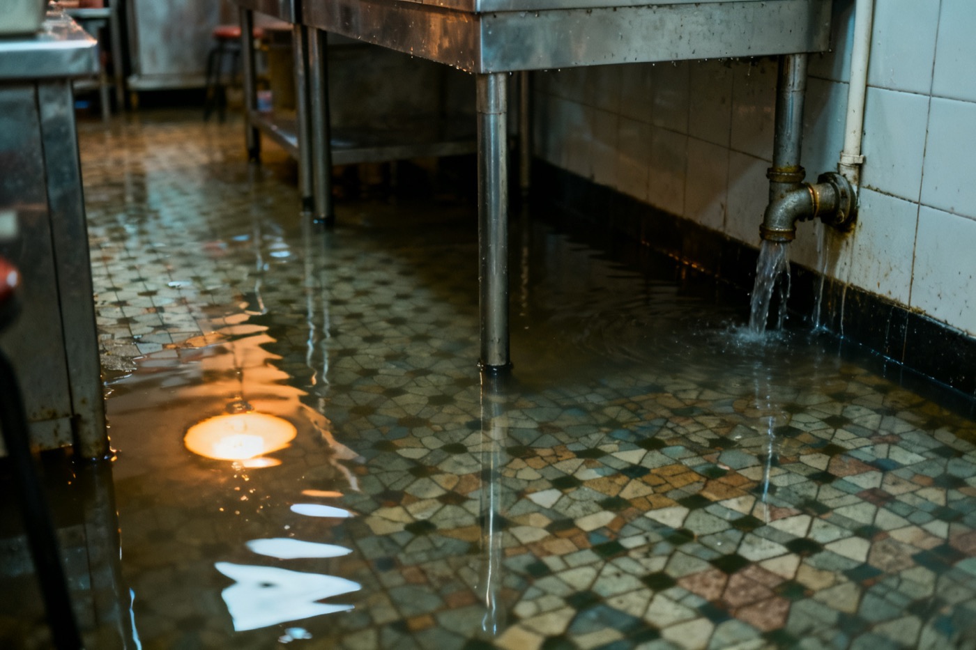 餐廳廚房地面浸水，水由牆邊爆裂的水管流出，浸過不鏽鋼工作枱腳